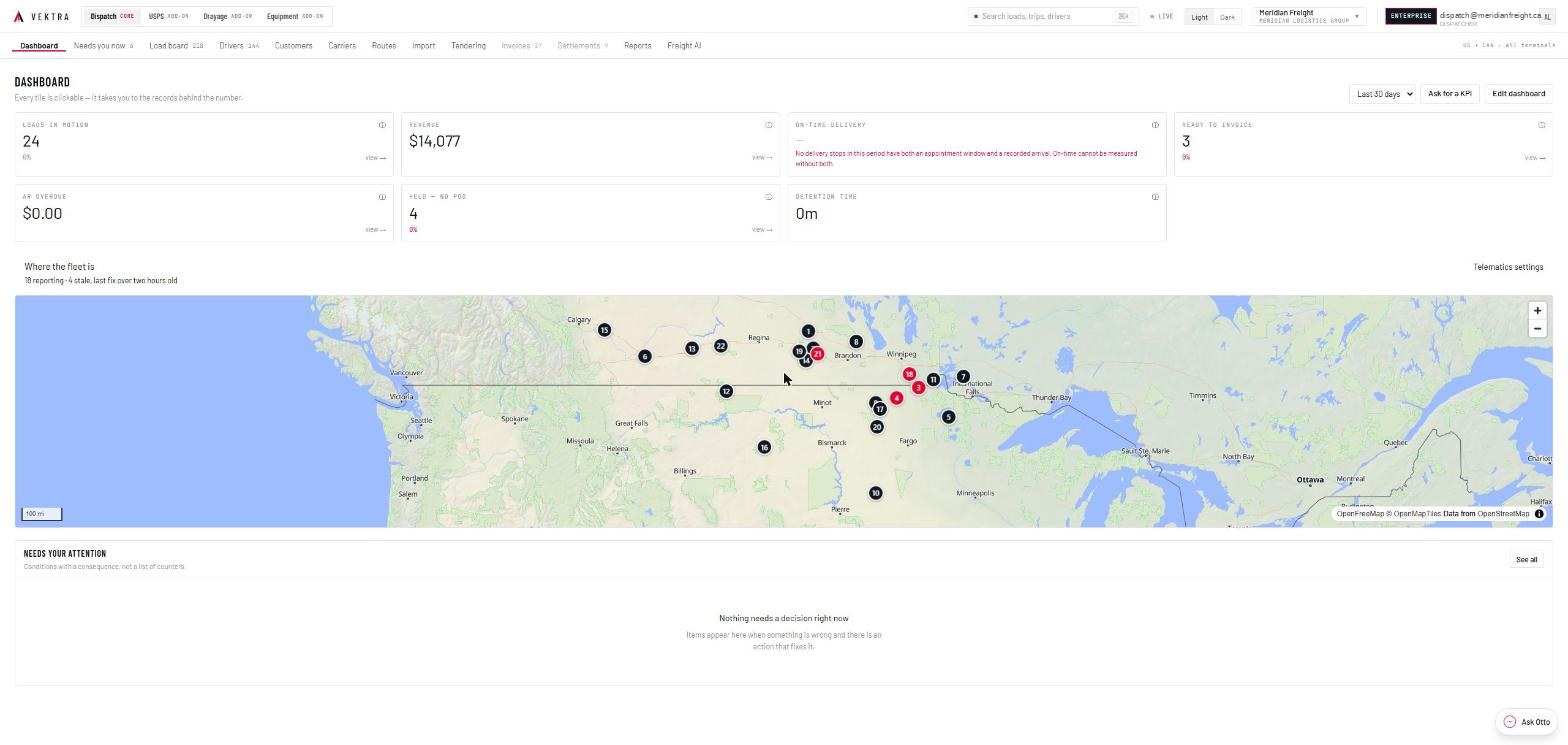The Vektra dashboard: KPI tiles across the top, and a live map of the fleet across the Canadian prairies and northern United States, with each truck numbered and stale units marked in red.